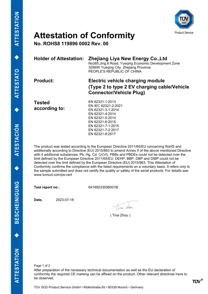 Liya EV charging cable   ROHS8 0